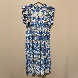 JODIFL Blue White Printed Ruffle Sleeve Midi Dress
